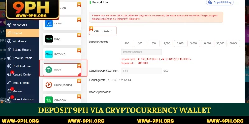 Deposit 9PH via cryptocurrency wallet