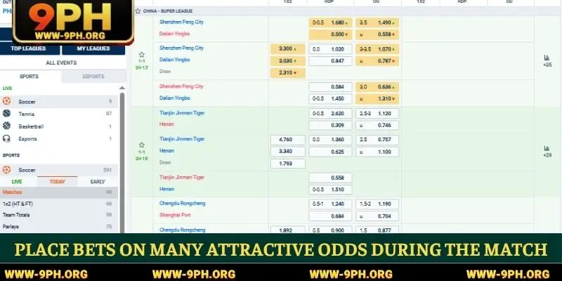 Place bets on many attractive odds during the match