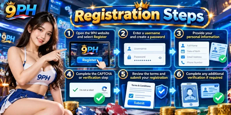 The step-by-step account registration process on the verified 9PH website, detailing username creation, personal information entry, and identity verification.