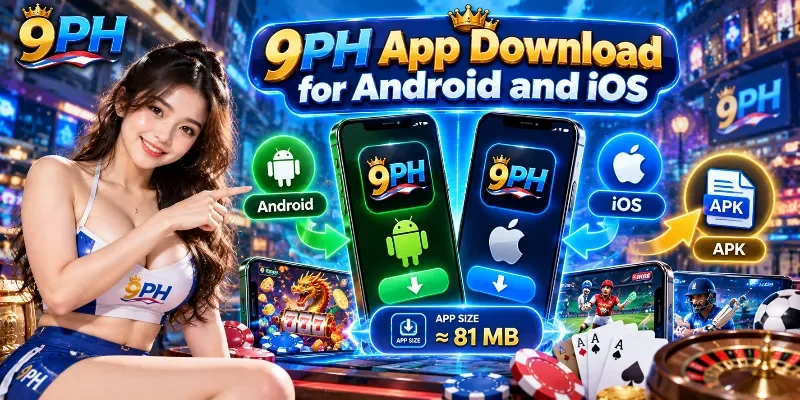 The official 9PH mobile app download interface displaying secure installation guidelines and access features for Android and iOS devices.