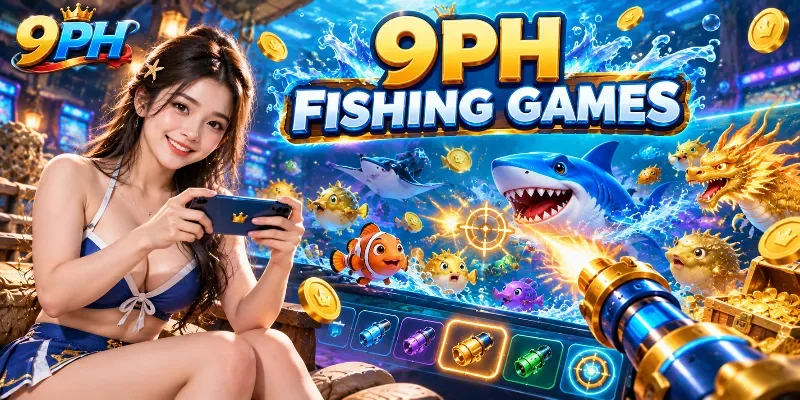 Active arcade-style fishing game on the 9PH platform where players interact with moving aquatic targets using an on-screen control system.