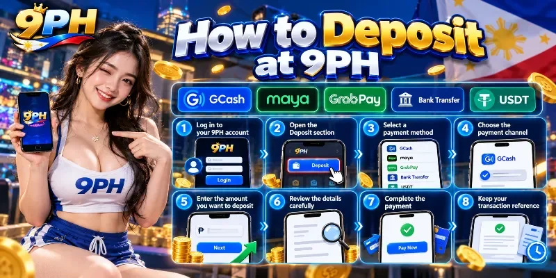 The 8-step deposit process on the 9PH platform detailing payment options like GCash, Maya, bank transfers, and USDT for players in the Philippines.